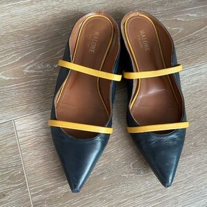 Malone Souliers Black Leather Pointed Mules with Yellow Straps